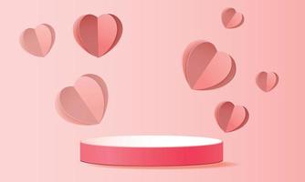 3d achtergrond van het podium rode product voor valentijnskaart. roze en hart liefde romantiek concept ontwerp vector illustation decoratie banner