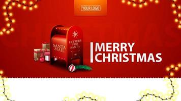 vrolijk kerstfeest, rode moderne ansichtkaart voor website met slinger en santa brievenbus met cadeautjes vector
