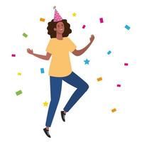 zwarte vrouw dansen met feestmuts en confetti vector ontwerp