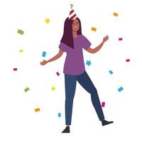 zwarte vrouw dansen met feestmuts en confetti vector ontwerp