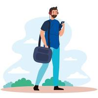 man met smartphone en tas bij park vector design