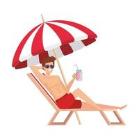 jonge man ontspannen in strandstoel sap fruit drinken vector