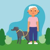 oude vrouw wandelen met hond buitenshuis, actieve senior vector