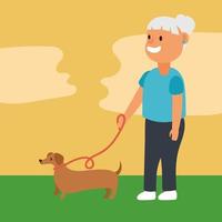 oude vrouw wandelen met hond buitenshuis, actieve senior vector