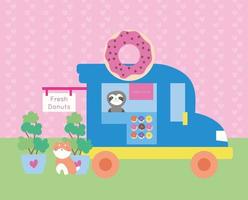 schattige kawaii ansichtkaart met donut truck en dieren vector