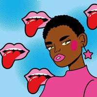 jonge afro vrouw met mond pop-art stijl vector