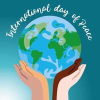 internationale dag van vrede belettering met interraciale handen die de wereld opheffen vector