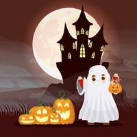 Halloween donkere scène met pompoen en kind in een spookkostuum vector