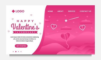gelukkige valentijnsdag bestemmingspagina ontwerpsjabloon met landschap en roze achtergrond vector