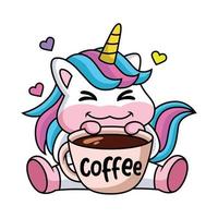 uitdrukking van een schattige cartoon Eenhoorn blij met een kopje koffie vector