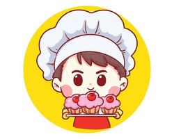 schattige bakkerij chef-kok jongen met cake lachend cartoon kunst illustratie vector