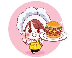 schattige chef-kok houdt grote hamburger glimlachend cartoon afbeelding vector