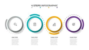 kleurrijke info grafische elementen. tijdlijnprocessen met marketingpictogrammen en 4 opties. vector sjabloon.