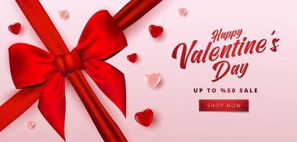 Valentijnsdag verkoop poster of banner met veel zoete harten en realistische strik op zachte roze kleur achtergrond. promotie en shopping sjabloon of voor liefde en Valentijnsdag. vector