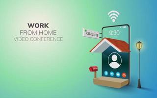 digitale online werk vanuit huis applicatie op telefoon mobiele website achtergrond. sociale afstand video-oproep concept vector