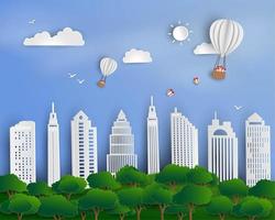 hete lucht ballonnen met geschenkdoos zwevend boven stedelijk stadslandschap vector