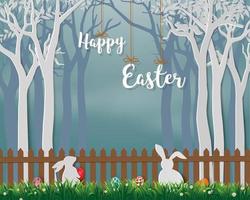 vrolijk Pasen met schattige konijnen en kleurrijke eieren vector