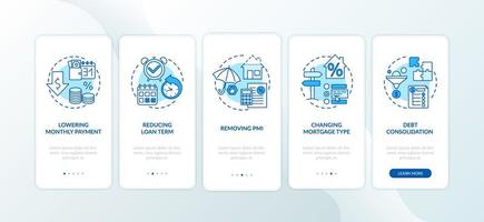 hypotheekherfinancieringsvoordelen onboarding mobiele app-paginascherm met concepten vector