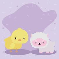 leuke kaart met kawaiikuiken en schapen vector