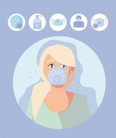 vrouw met medisch masker en covid19 icon set vector design