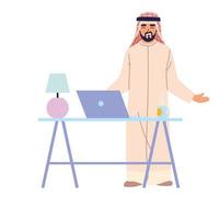 Arabische man cartoon met laptop op bureau vector ontwerp