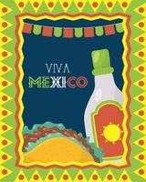 viva mexico-feest met taco en tequilafles vector