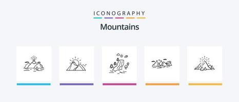 bergen lijn 5 icoon pak inclusief pijn. waterval. berg. zon. natuur. creatief pictogrammen ontwerp vector
