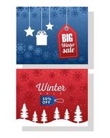 grote winterverkoop poster met blauwe en rode tags opknoping vector