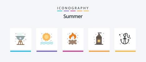 zomer vlak 5 icoon pak inclusief strand. zonnescherm. strand. zonnebrandcrème. brand. creatief pictogrammen ontwerp vector