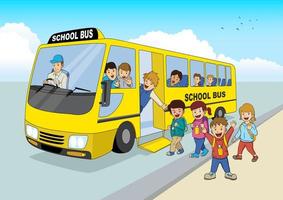 cartoon kinderen en schoolbus vector