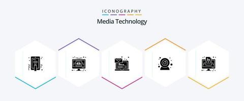 media technologie 25 glyph icoon pak inclusief computer. web camera. lcd. camera. bericht vector