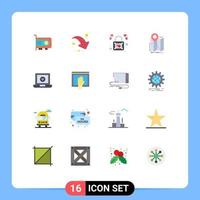 groep van 16 vlak kleuren tekens en symbolen voor laptop route slot navigatie plaats bewerkbare pak van creatief vector ontwerp elementen