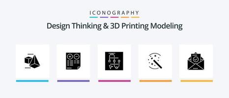 ontwerp denken en d het drukken modellering glyph 5 icoon pak inclusief mail. magie. muis. oplossing. pijl. creatief pictogrammen ontwerp vector