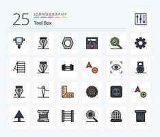 gereedschap 25 lijn gevulde icoon pak inclusief trap. hulpmiddelen. meter. instellingen. zoeken vector