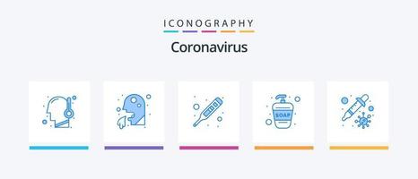 coronavirus blauw 5 icoon pak inclusief druppelaar. vochtinbrengende crème. koorts. vloeistof zeep. temperatuur. creatief pictogrammen ontwerp vector