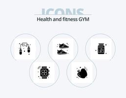 Sportschool glyph icoon pak 5 icoon ontwerp. . supplement. springen touw. eiwitten. sportief vector
