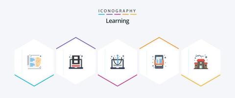 aan het leren 25 vlak icoon pak inclusief gebouw. online. youtube. mobiel. vergelijking vector