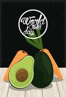 Wereldvoedseldag poster met groenten op houten tafel vector