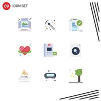 9 vlak kleur concept voor websites mobiel en apps boek liefde goedkeuren hart kantoor bewerkbare vector ontwerp elementen