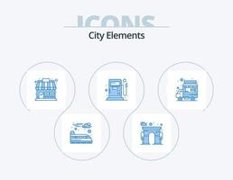 stad elementen blauw icoon pak 5 icoon ontwerp. voedsel kraam. winkel. markt op te slaan. auto. gas- vector