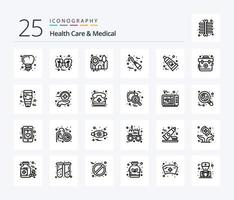 Gezondheid zorg en medisch 25 lijn icoon pak inclusief tand. tandheelkundige. bloed druk exploitant. hulpmiddelen. tandarts vector
