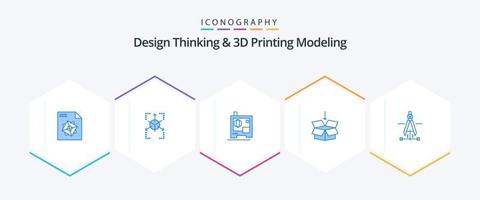 ontwerp denken en d het drukken modellering 25 blauw icoon pak inclusief engineering. tekening. afdrukkend. kompas. scheren vector