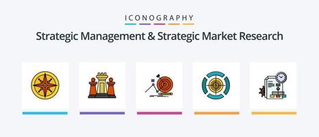 strategisch beheer en strategisch markt Onderzoek lijn gevulde 5 icoon pak inclusief doelwit. rapport. spel. het dossier. succes. creatief pictogrammen ontwerp vector