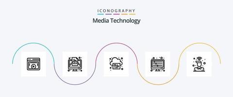 media technologie lijn 5 icoon pak inclusief bureau. geluid golven. monitor. mixer. wolk vector