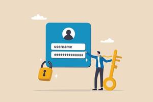 sterk wachtwoord voor cyber veiligheid, hoog bescherming en veiligheid voor Log in account, beveiligen gegevens privacy, online authenticatie concept, zakenman houden sleutel met gebruiker account slot met sterk slot kussen. vector