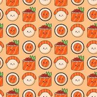 naadloos patroon met divers kawaii sushi Aan oranje achtergrond. vector