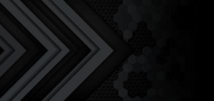 abstracte grijze en zwarte pijl glanzende metalen richting op donkere zeshoek mesh patroon ontwerp achtergrond. vector