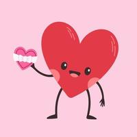 tekenfilm hart karakter. schattig liefde symbool met gezicht, handen en voeten, emoji stickers emoticon vector