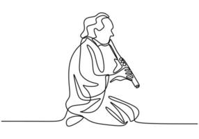 een doorlopende lijntekening van een man met een shakuhachi-fluit, traditionele muziek uit Japan. vector