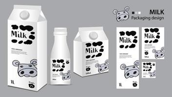 melk pakket ontwerp, melk etiket ontwerp, melk dozen reeks en fles vector, doos realistisch 3d illustratie, creatief verpakking sjabloon, Product ontwerp, voedsel banier, schattig koe logo tekenfilm illustratie vector